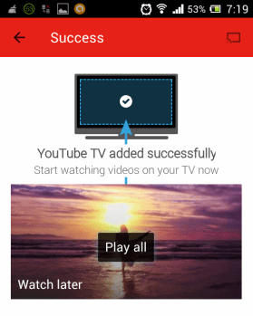 YouTube TV pairing successfull