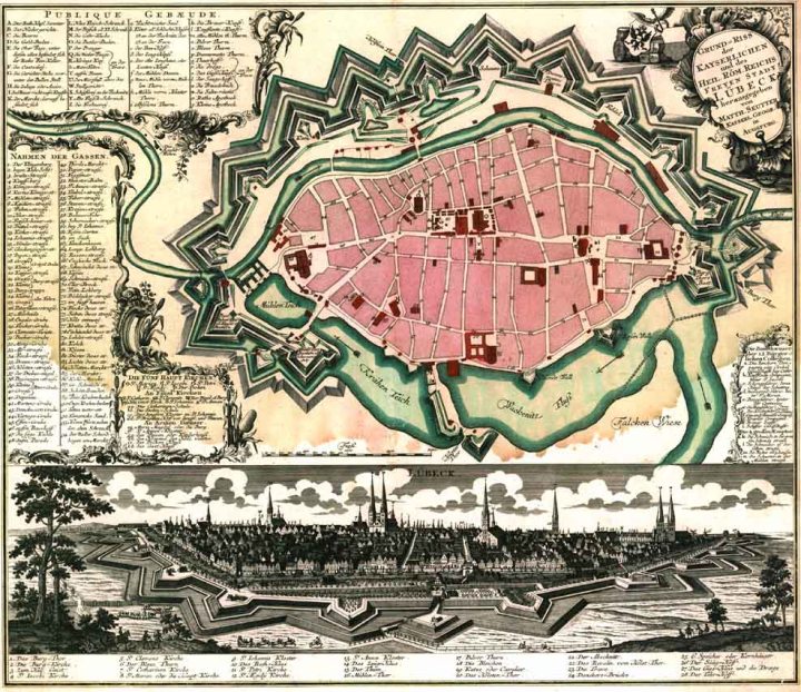 Old city plan or city map of Lübeck in the year 1750