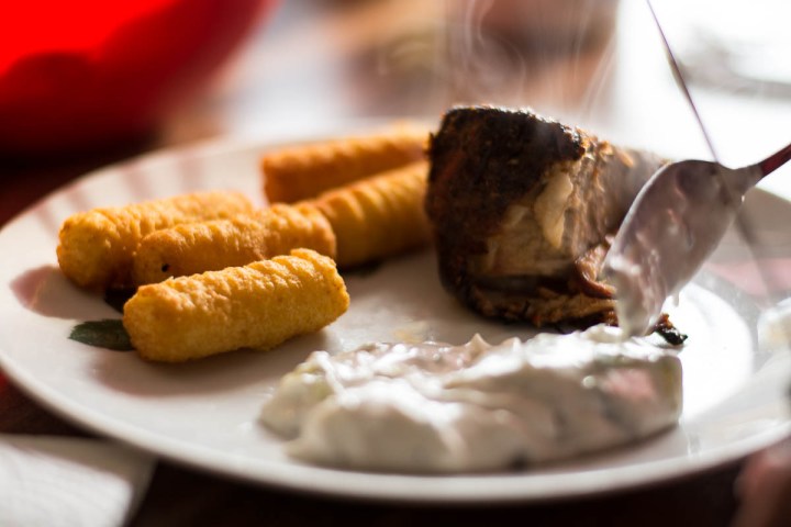 pulled beef with potato croquettes and tzatziki